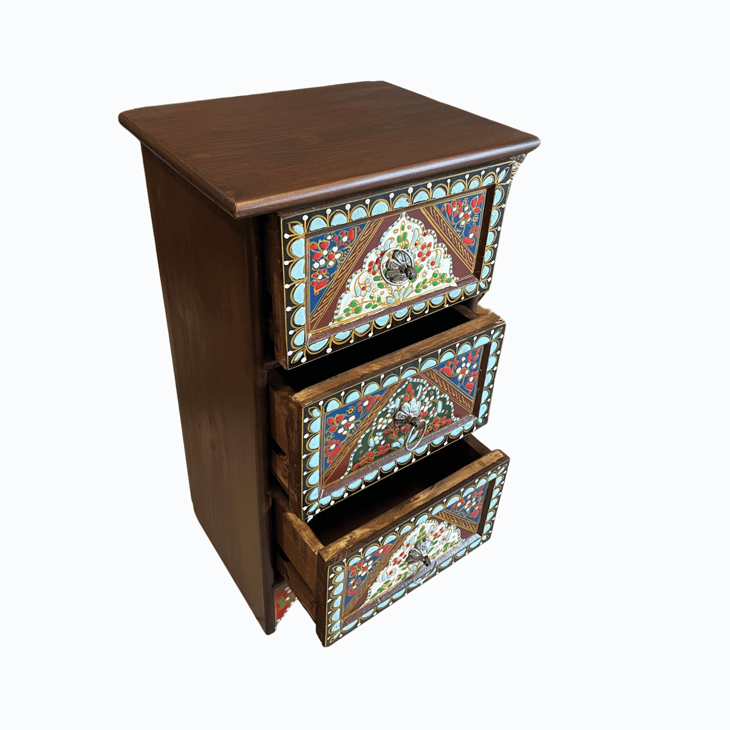Hand Crafted Wooden Chester with 3 Drawers Floral Dark Brown