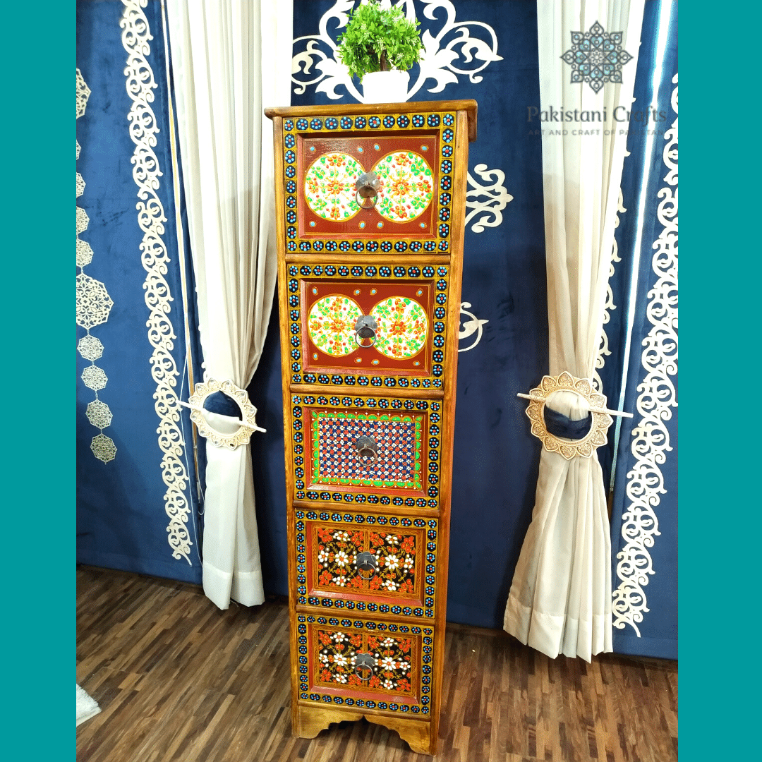 Handcrafted Wooden Chest - 5ft Vertical Design with 5 Drawers, Swati Style Carving, and Organic Hand-Painted Finish