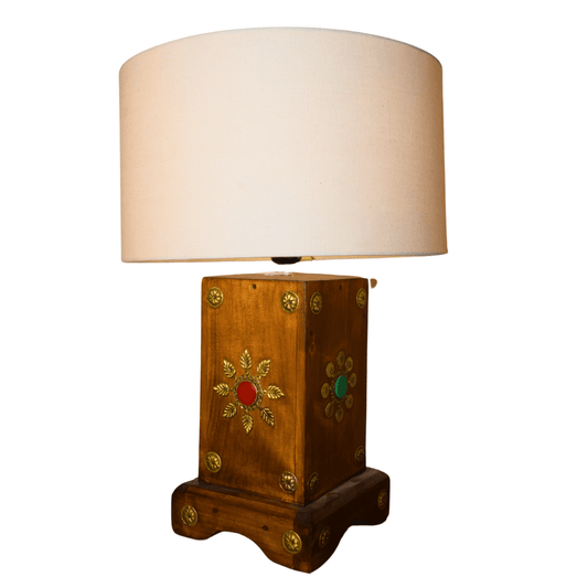 Turk Style Wooden Side Table Lamp Handmade With Stone and Brass Work