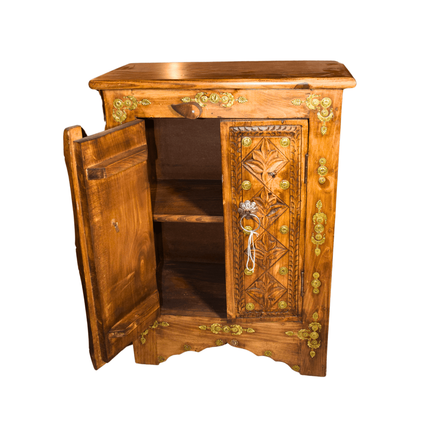 Turkish-Style Wooden Chester - Two Doors with Intricate Brass Inlay and Carved Detailing