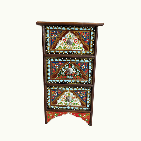Hand Crafted Wooden Chester with 3 Drawers Floral Dark Brown