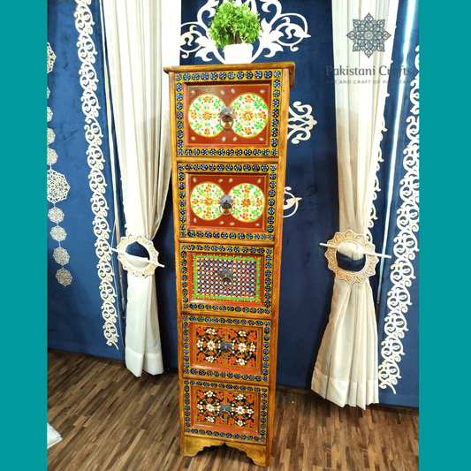 Handcrafted Wooden Chest - 5ft Vertical Design with 5 Drawers, Swati Style Carving, and Organic Hand-Painted Finish