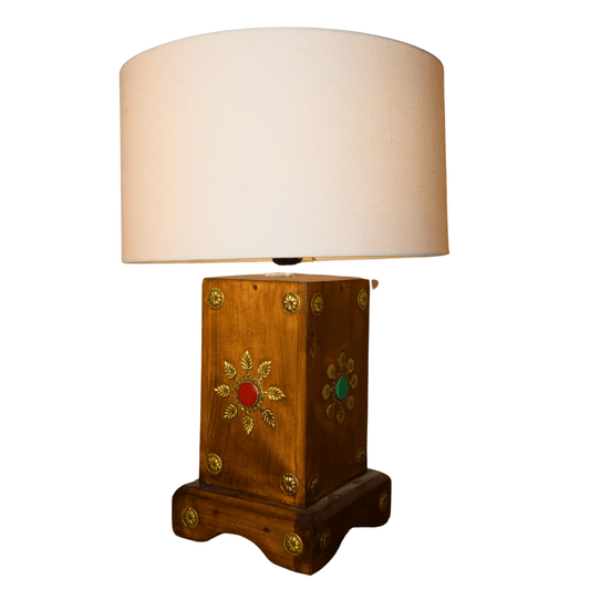 Turk Style Wooden Side Table Lamp Handmade With Stone and Brass Work
