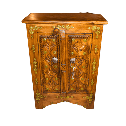 Turkish-Style Wooden Chester - Two Doors with Intricate Brass Inlay and Carved Detailing
